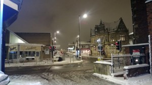 Pudsey Town Centre in the snow