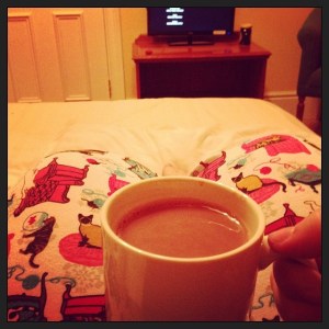 Hot chocolate in bed, hotel room to myself. #lovely