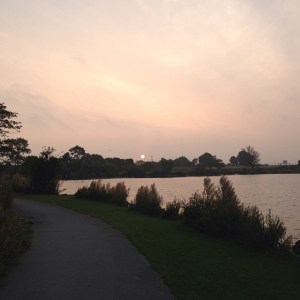 Sun rising over the airport behind Yeadon Tarn.