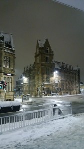 Pudsey Town Centre in the snow