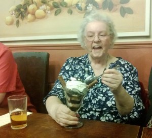 Grandma enjoying her huge ice cream sundae